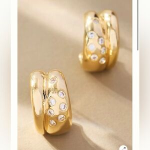 Anthropologie Gold Hoop Earrings with Clear Crystal Accents